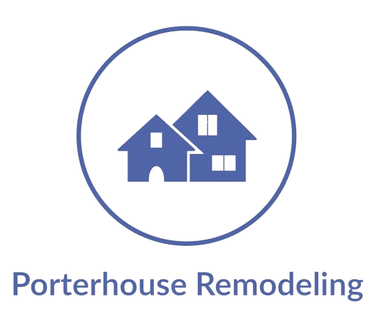 Blue icon of two houses inside a circle, with text: Porterhouse Remodeling.