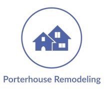 Blue icon of two houses inside a circle, with text: Porterhouse Remodeling.