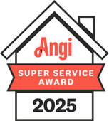 Angi Super Service Award 2025 badge in house outline; red and white with black borders; award ribbon.