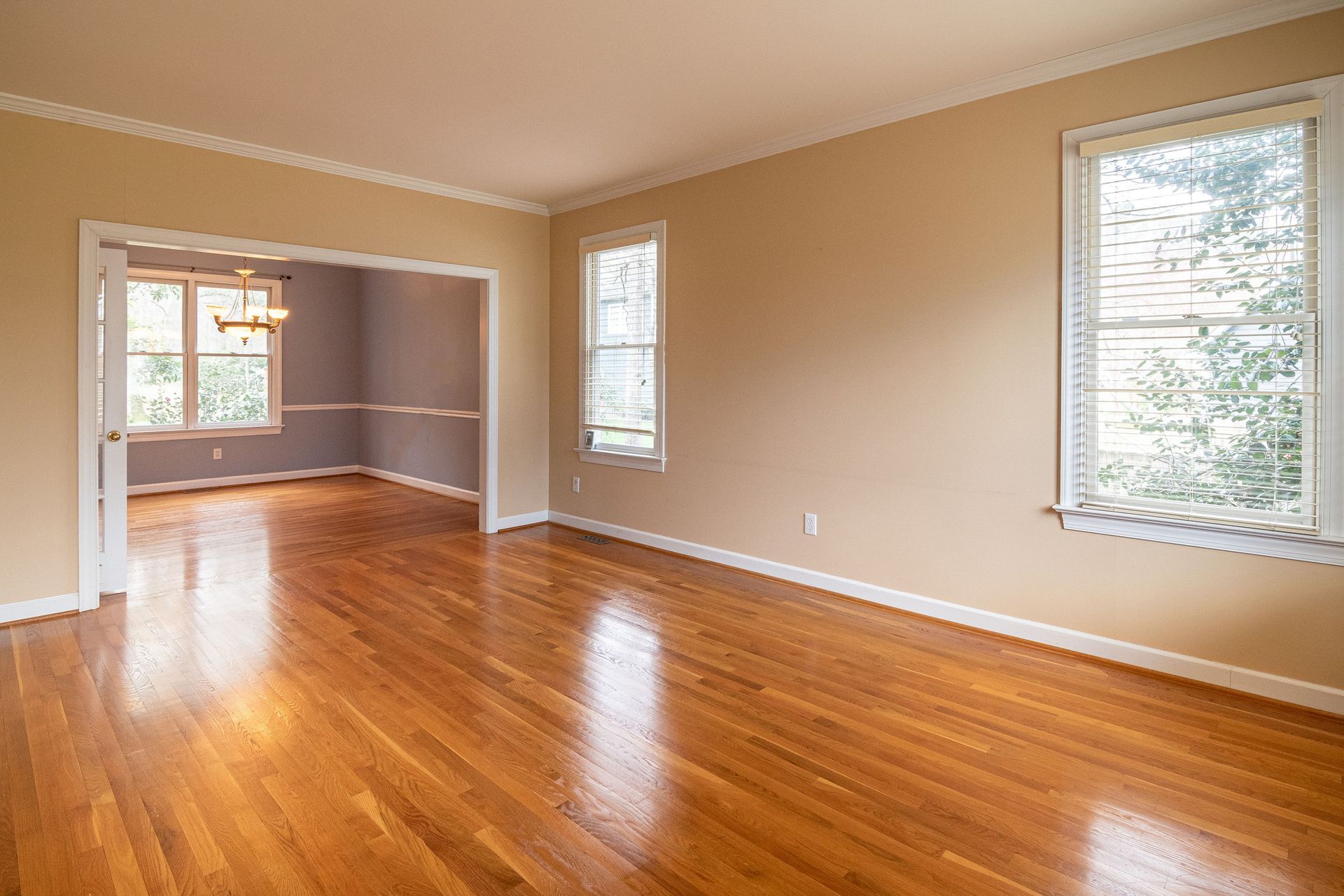 Empty living room with hardwood floors, beige walls, white trim, and large windows letting in natural light