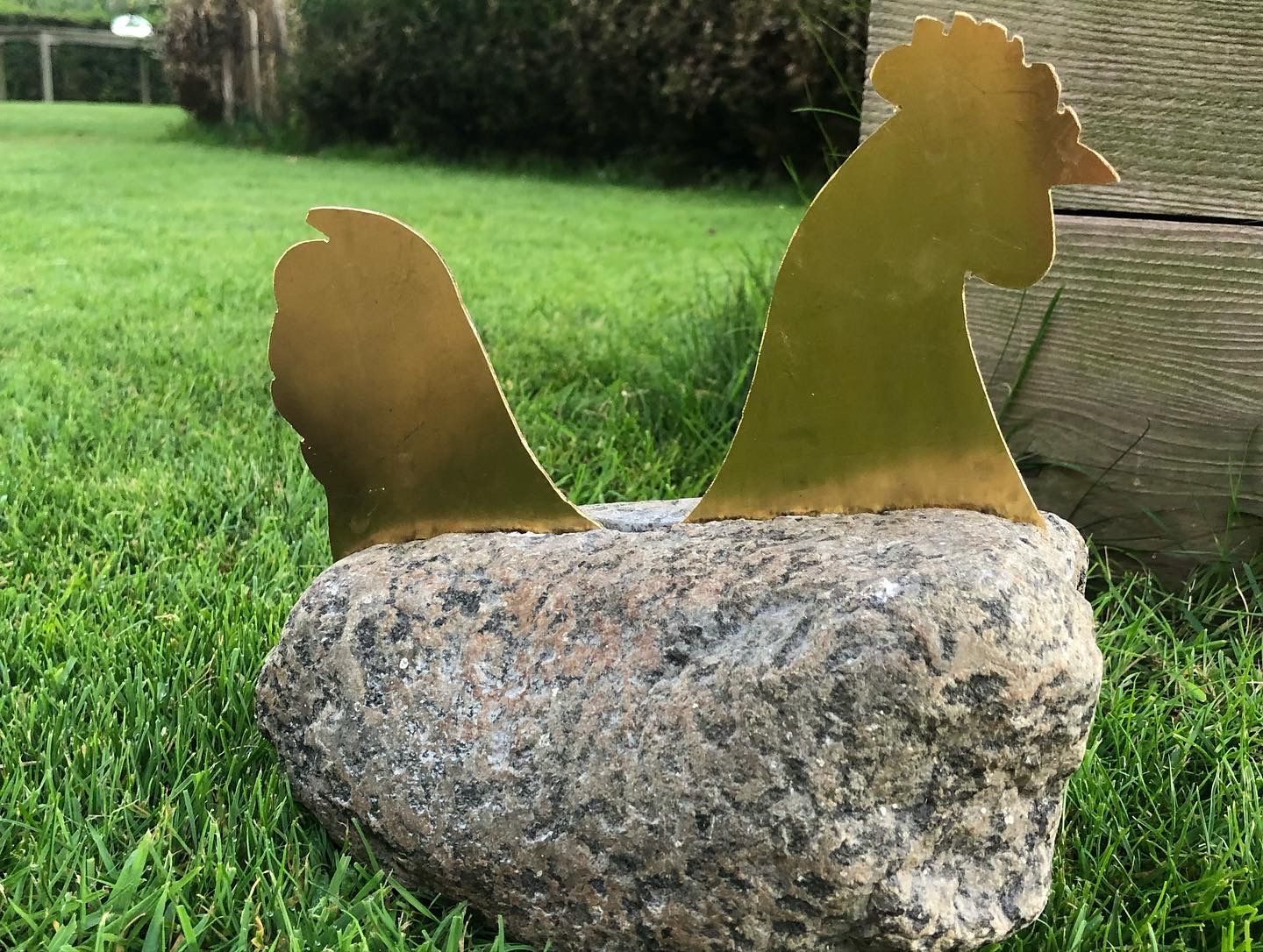 Gouden metalen haansculptuur op een grijze rots, te midden van groen gras.