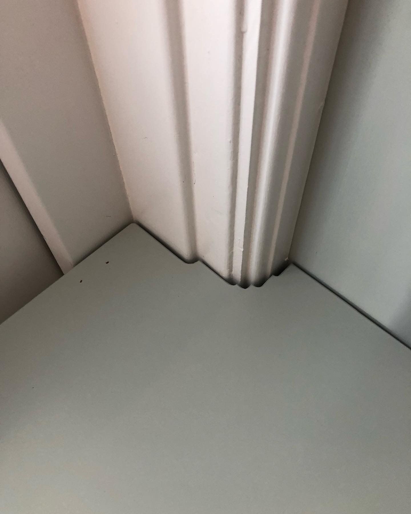 Detailopname van een hoek waar een witte sierlijst een lichtgrijze muur raakt.