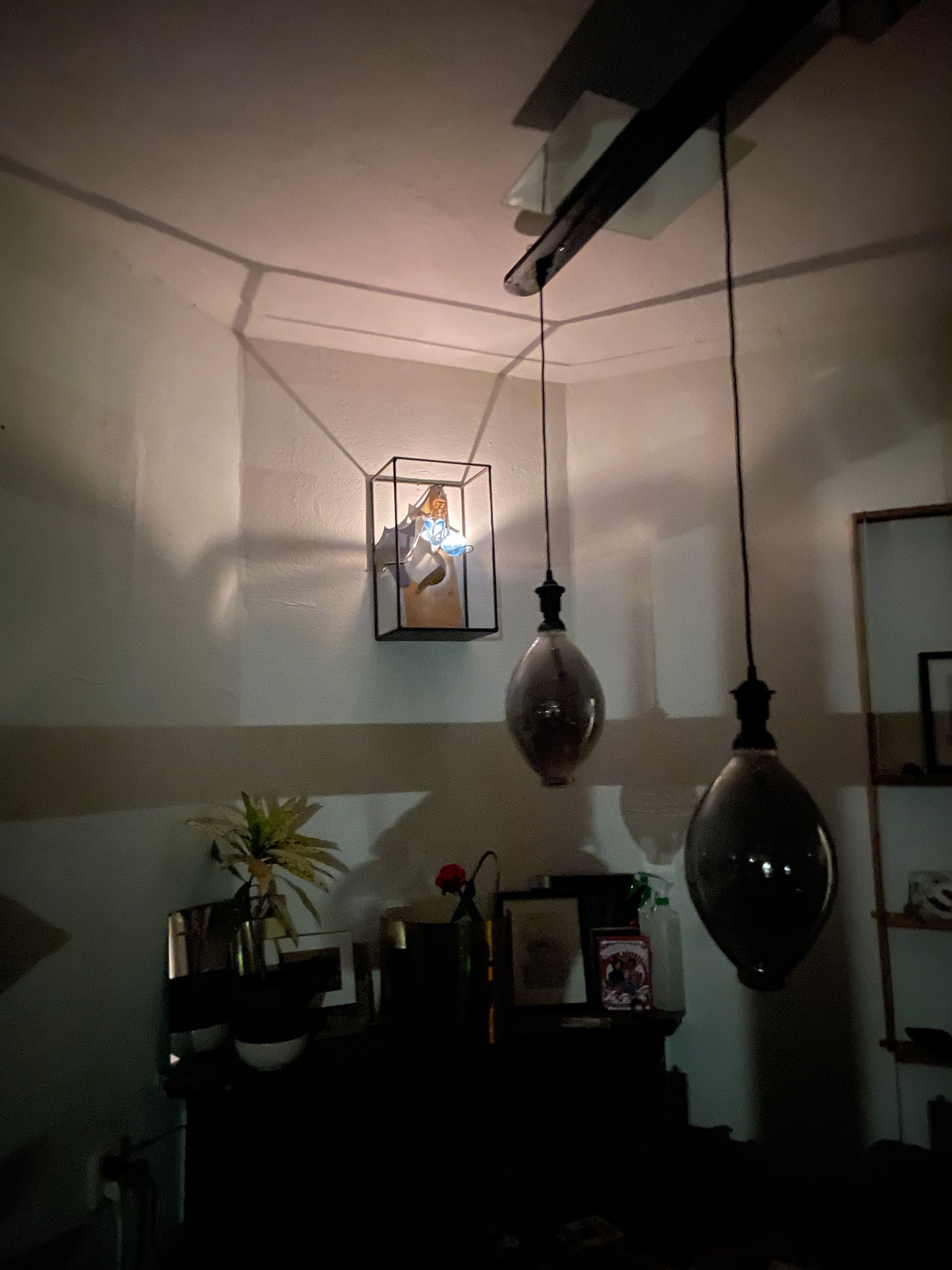 Hoekkamer met hanglampen, kunstwerken en een plant. Schaduwen van de lampen.