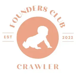 A logo for founders club crawler with a baby crawling in a circle.