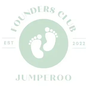 A logo for the founders club jumperoo with a pair of footprints in a circle.