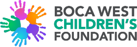 A logo for boca west children 's foundation with colorful hands.