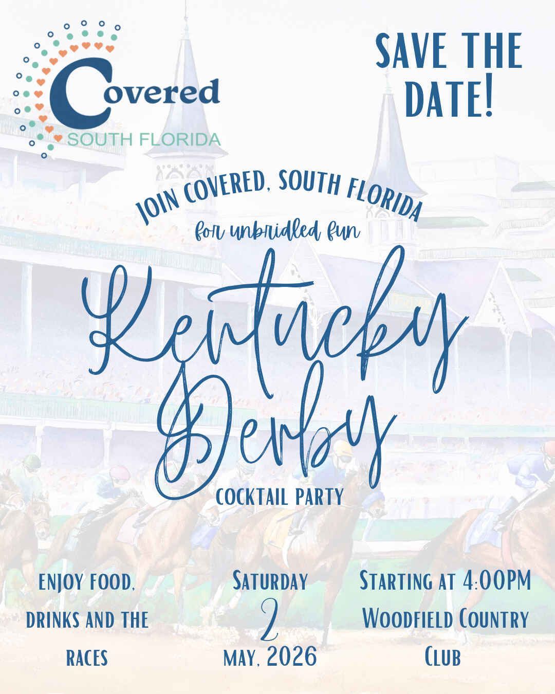 A save the date card with a horseshoe and roses on it.