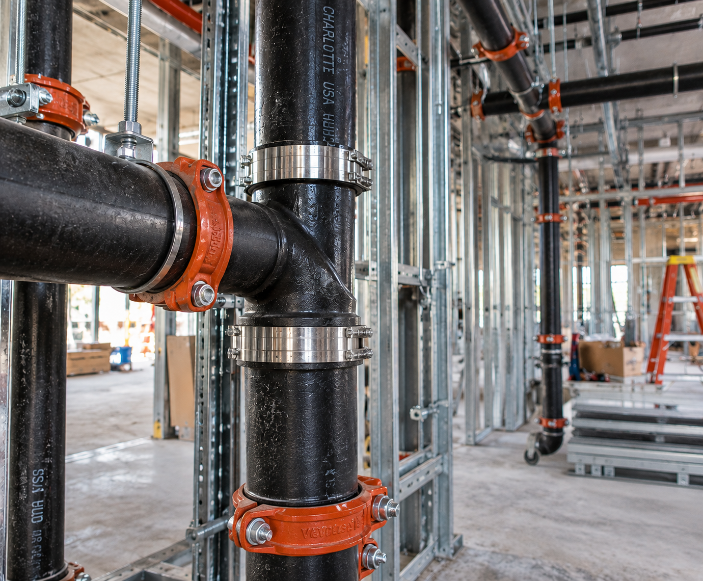 Black pipes with orange fittings in an unfinished construction site interior