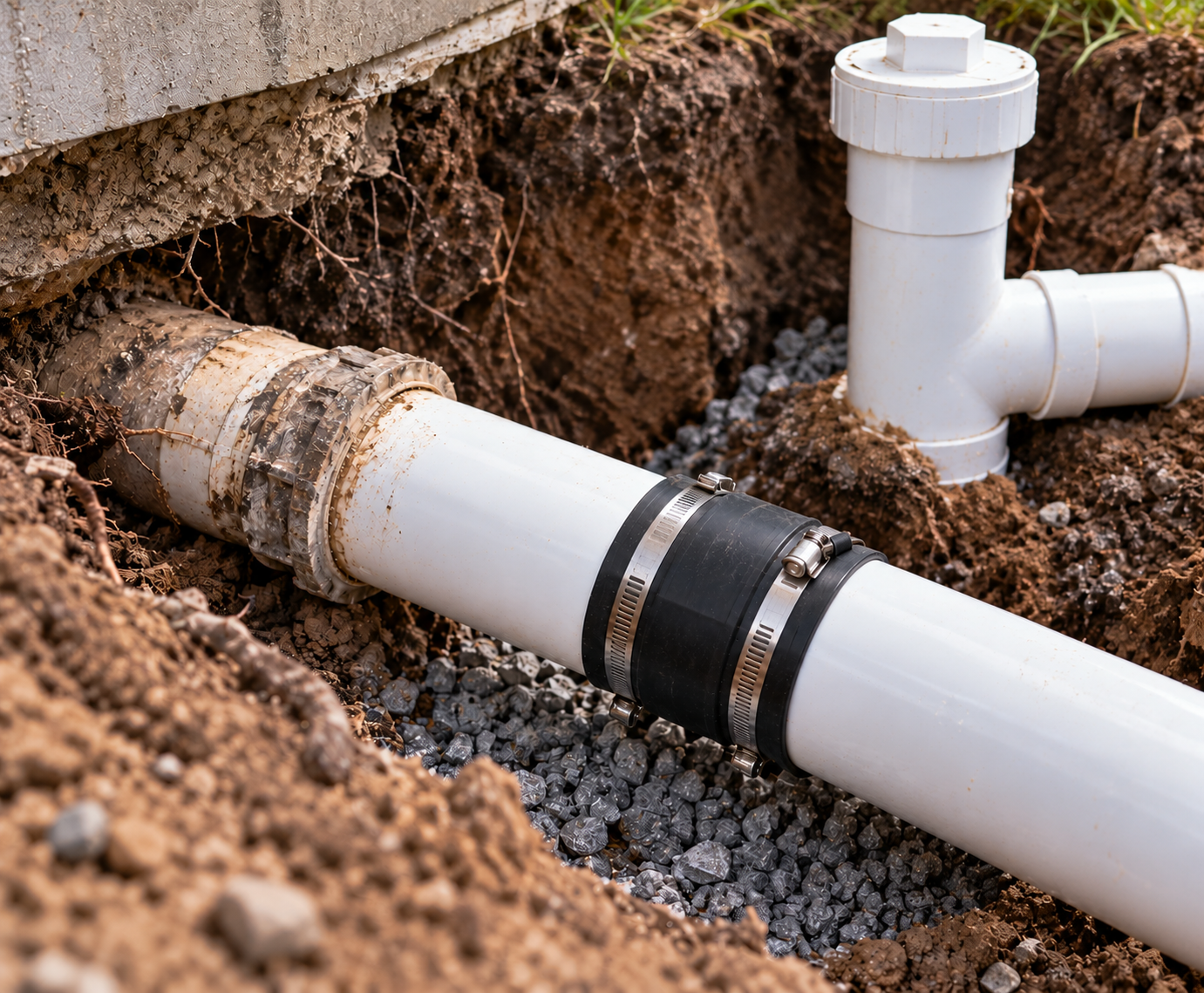 Underground white PVC pipe with a broken joint and a black repair clamp in a dirt trench