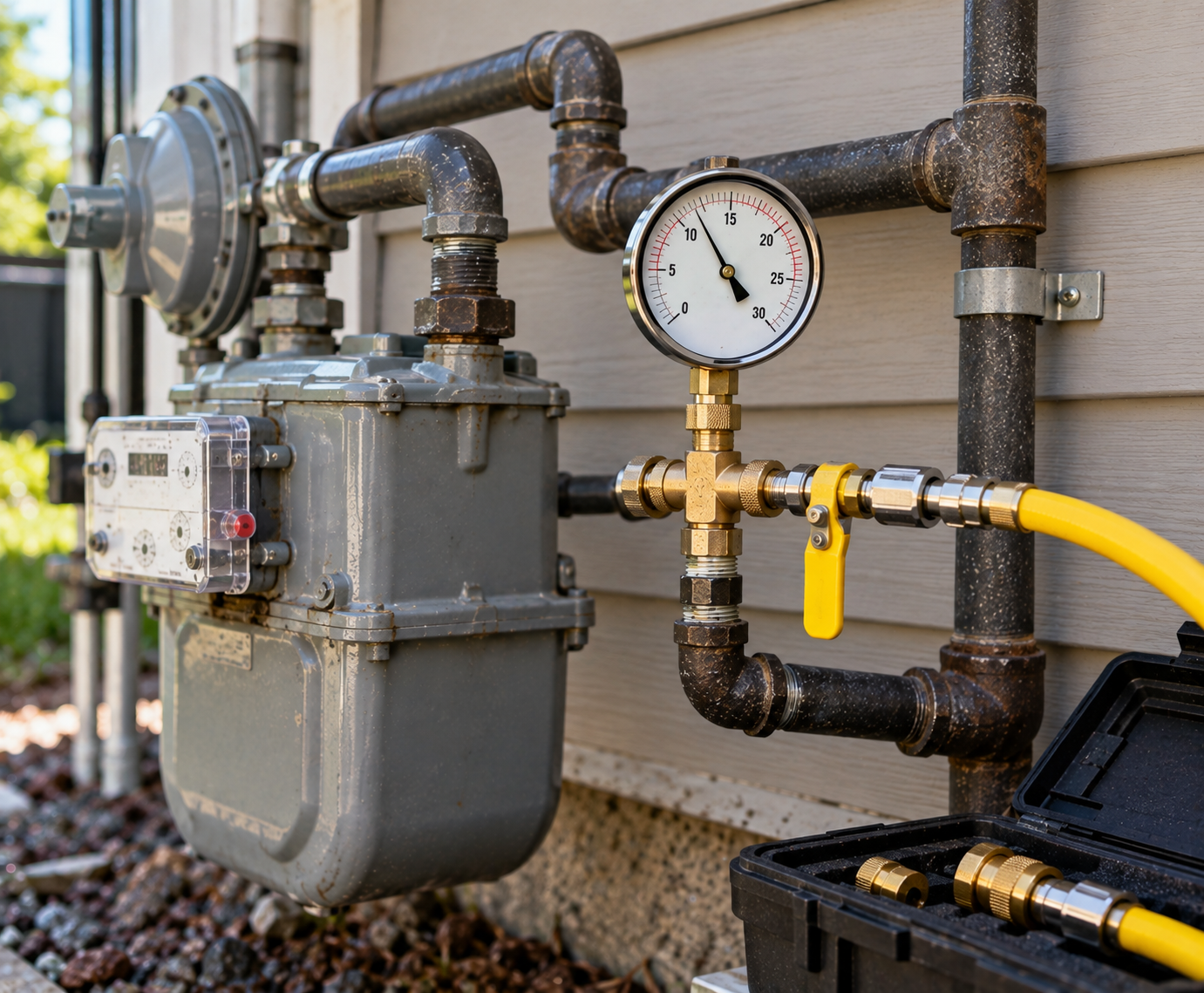 Gas meter and pressure gauge connected to black pipes and a yellow hose on a building exterior.