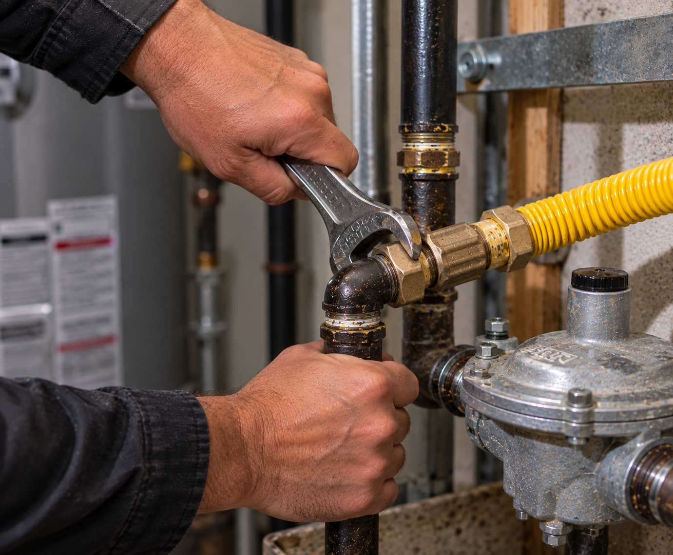 Hands tightening a metal pipe fitting beside a yellow gas line in an industrial setting
