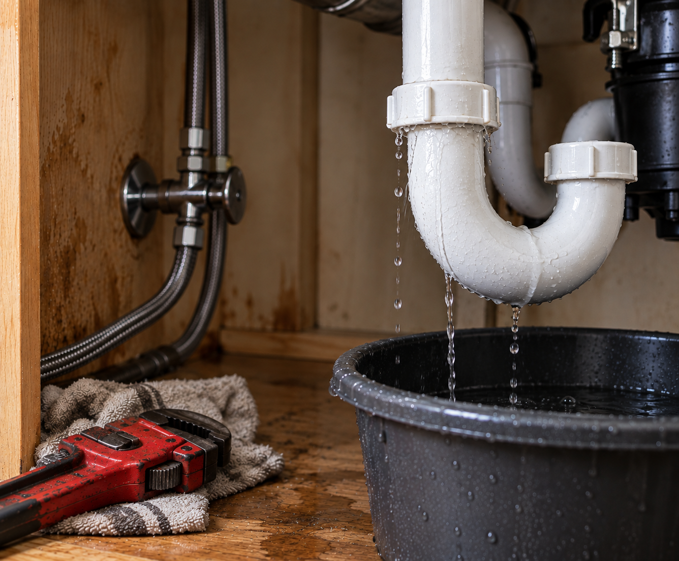 Leaking under-sink drain pipe dripping into a black bucket beside a red wrench