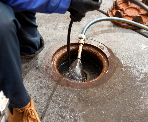 Worker uses hose to flush a storm drain on a sidewalk.