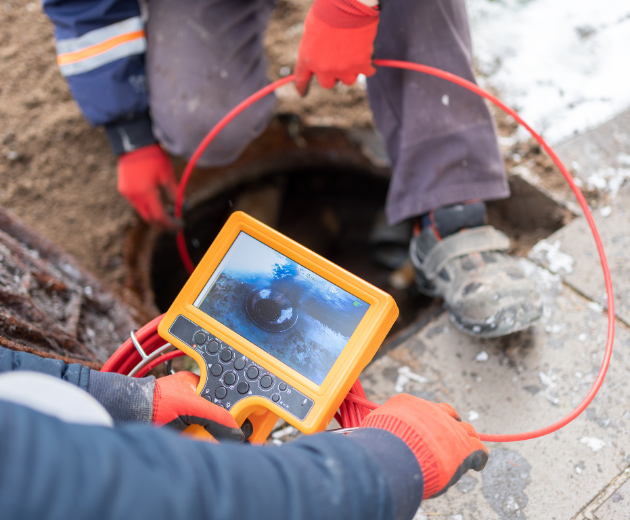Workers using a handheld monitor to inspect a dark underground pipe opening at a construction site
