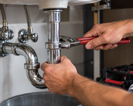 Hands tightening a chrome sink pipe under a kitchen sink with a red-handled wrench