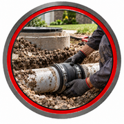 Worker connecting a large white pipe with a black coupling in a gravel trench