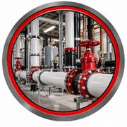 Industrial piping with red valves and white pipes in a factory setting