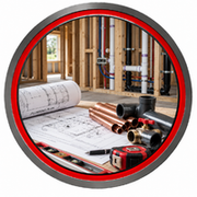 Plumbing plan with copper pipes, tools, and wall framing in a home renovation scene
