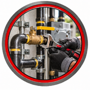 Gloved hands adjusting a brass pipe valve in a plumbing system with black and silver pipes