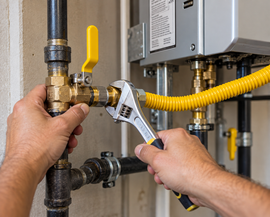 Hands using a wrench to adjust a brass valve on industrial piping near a water heater