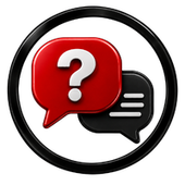Red and black speech bubbles with a question mark inside a circular black border.