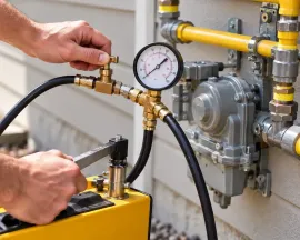 Technician connecting a gauge to yellow gas piping and a regulator on an exterior wall