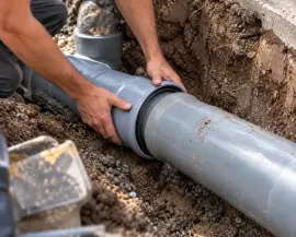 Worker fitting a gray PVC pipe in an excavation trench