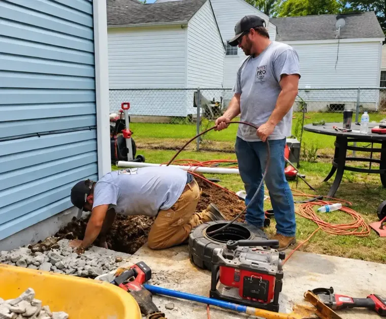 Two workers repairing a blue house foundation, one kneeling in rubble and one standing with tools nearby.