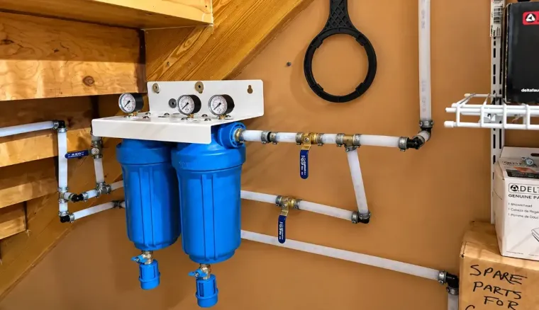 Blue water filter system with PVC pipes mounted on a tan wall in a utility room