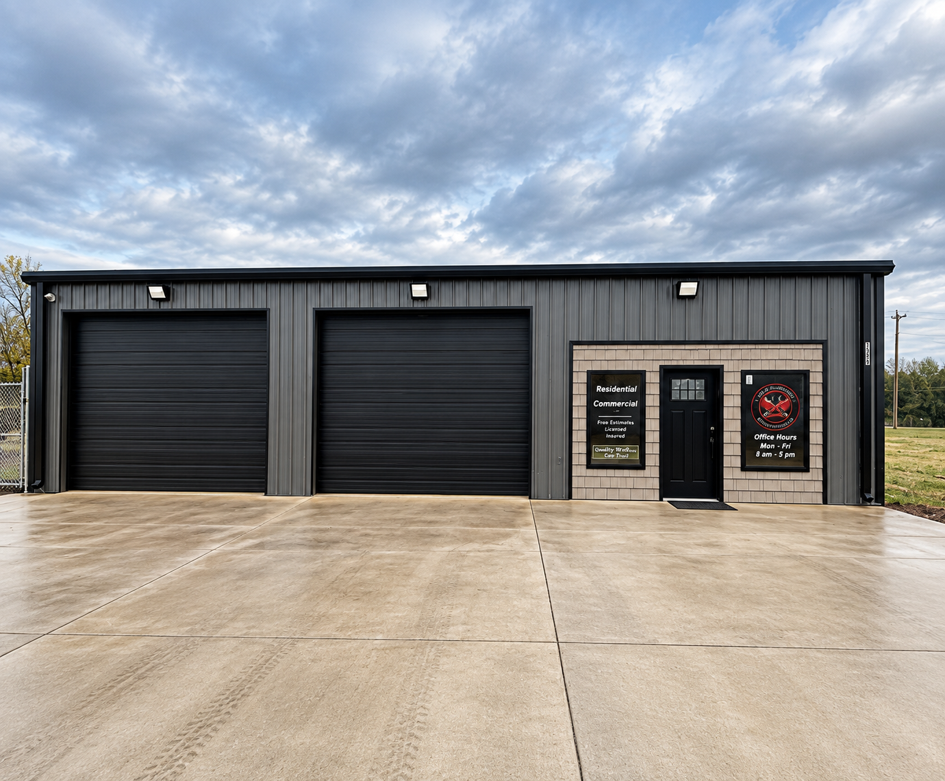 Gray metal commercial building with two black garage doors and a glass entrance under a cloudy sky