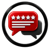 Red and black chat bubbles with five stars, representing customer reviews or feedback.