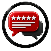 Red and black chat bubbles with five stars, representing customer reviews or feedback.