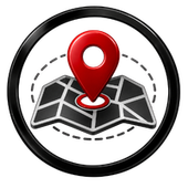 Red location pin over a folded map inside a black circular badge.