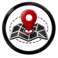 Red location pin over a folded map inside a black circular badge.