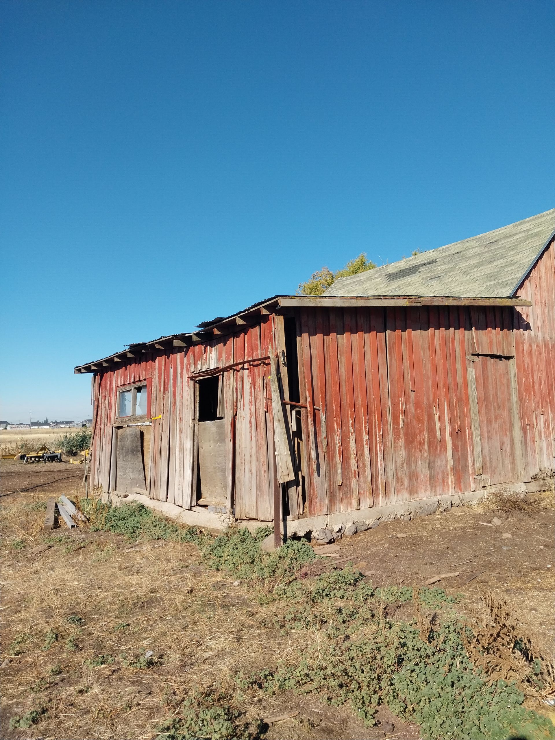 A weathered red wooden barn with a corrugated metal roof stands in a dry field under a clear blue sky.
