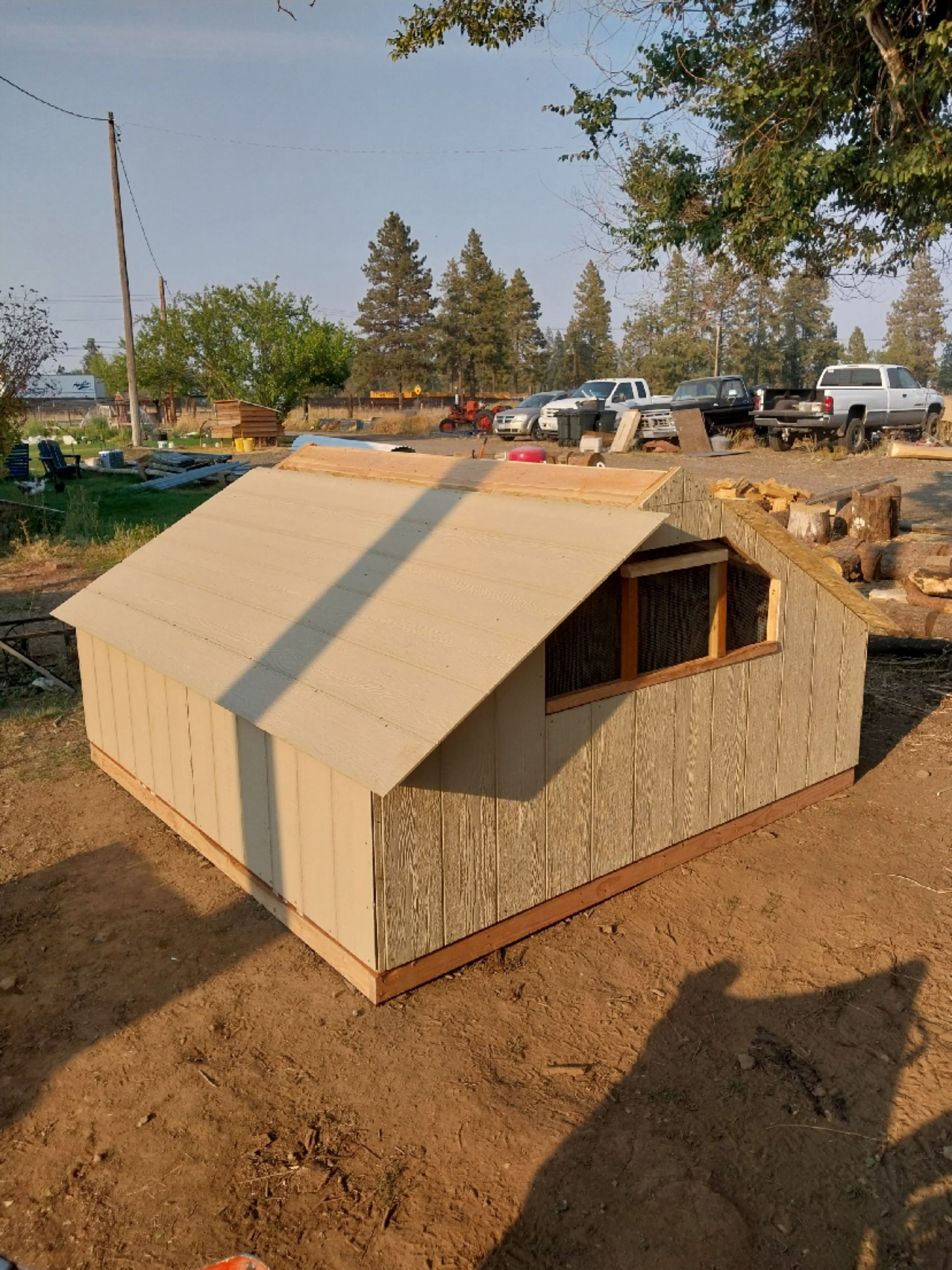 A partially constructed small wooden shed structure sits on dirt with a single roof panel installed.