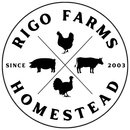 Circular logo for Rigo Farms Homestead featuring black silhouettes of a chicken, pig, cow, and turkey on a white background.