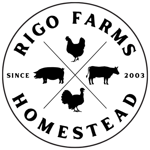 Circular logo for Rigo Farms Homestead featuring black silhouettes of a chicken, pig, cow, and turkey on a white background.