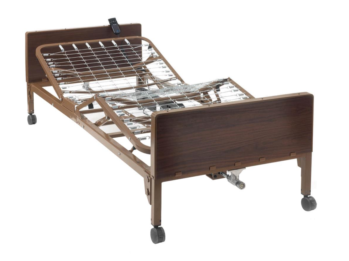 Hospital stretcher in a bright hallway with white walls and blue rails
