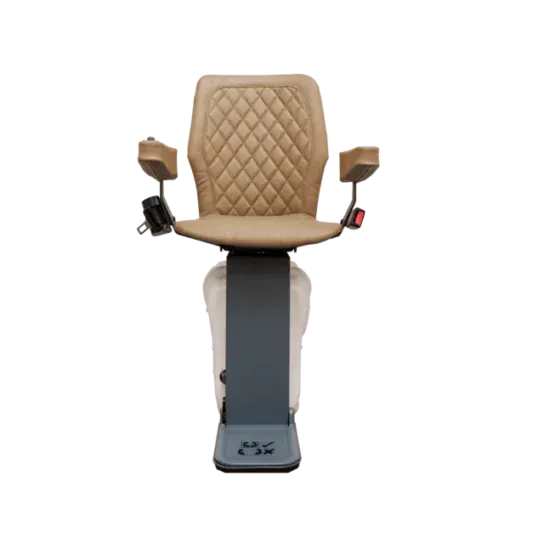 Beige quilted lift chair with armrests on a gray base.