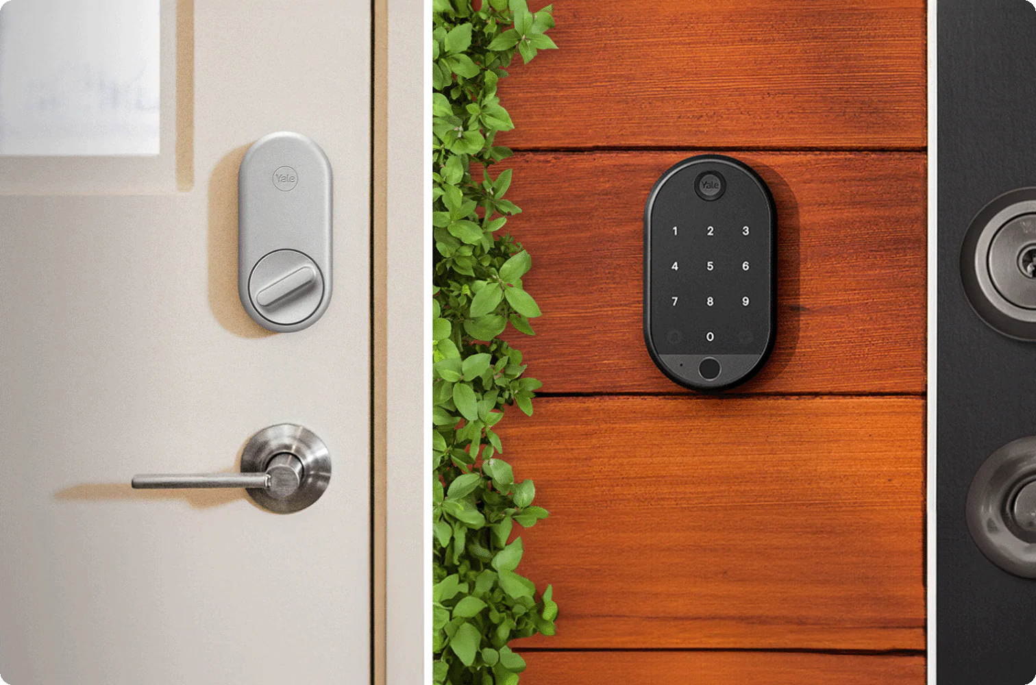 Collection of Yale smart locks displayed on a wooden surface, showcasing many designs and features.