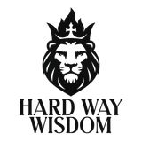 Black lion head logo with crown above the words “HARD WAY WISDOM” on a white background
