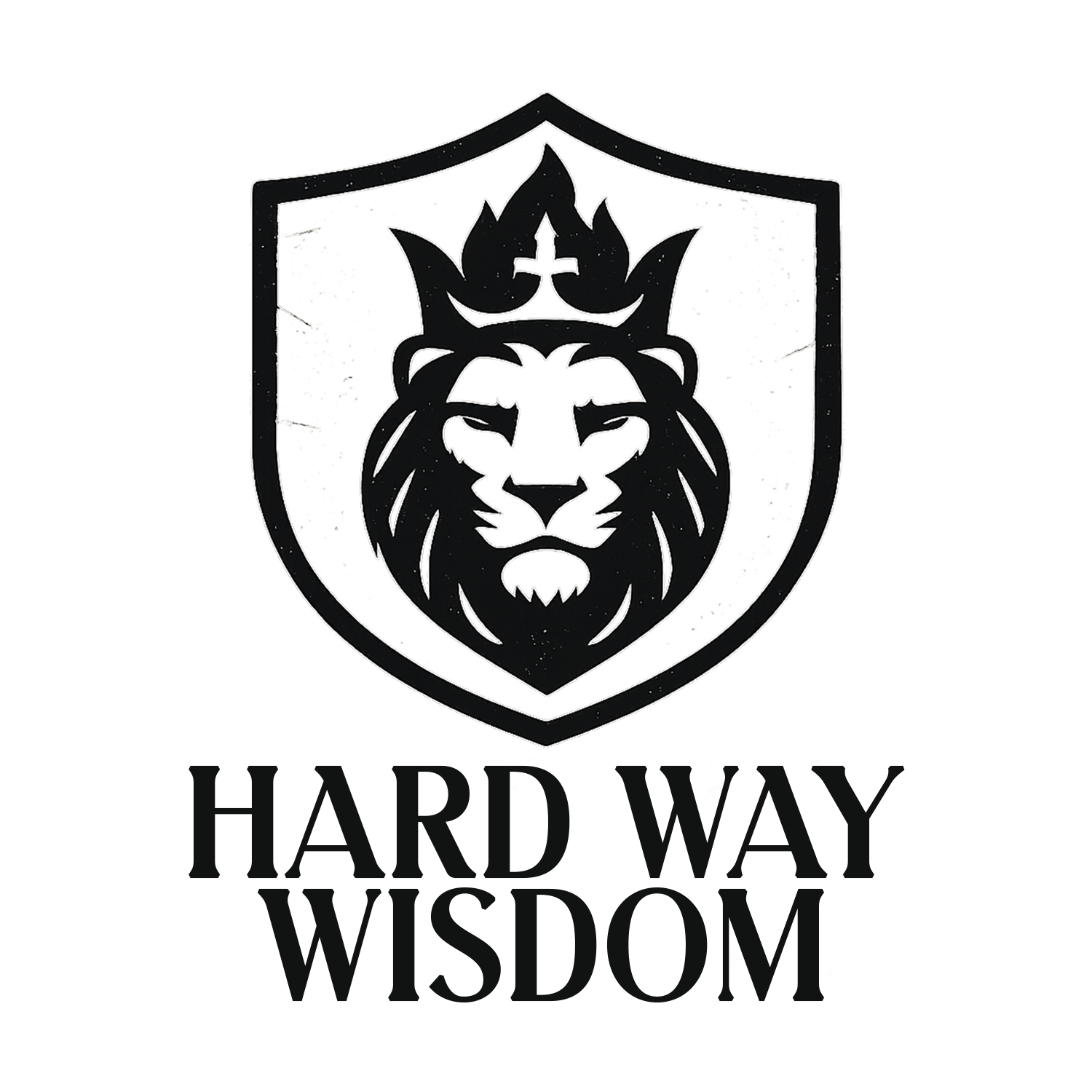 Black lion logo with crown above the words “HARD WAY WISDOM”