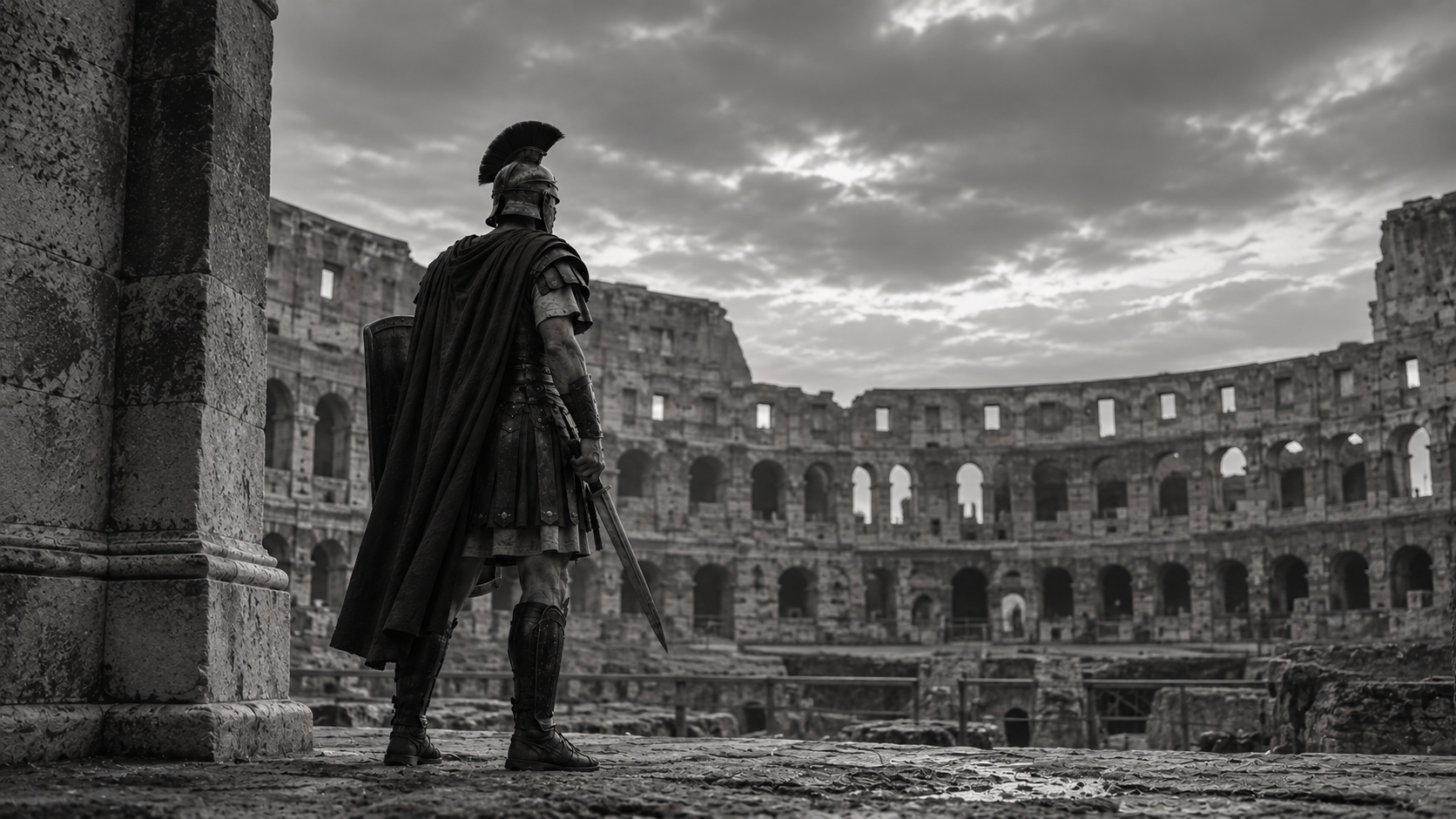 A lone armored figure stands in a ruined ancient amphitheater under a cloudy sky.