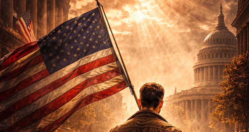 Person holding American flag before the U.S. Capitol at sunset