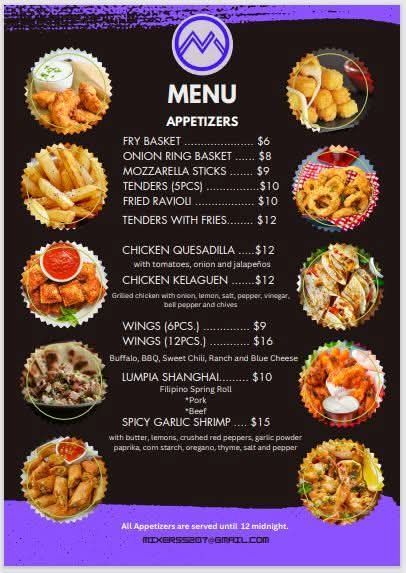 A menu for a restaurant with a variety of appetizers
