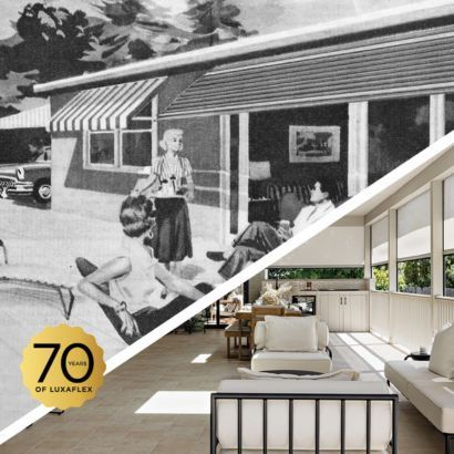 Split image: vintage illustration of pool party next to an outdoor awning.