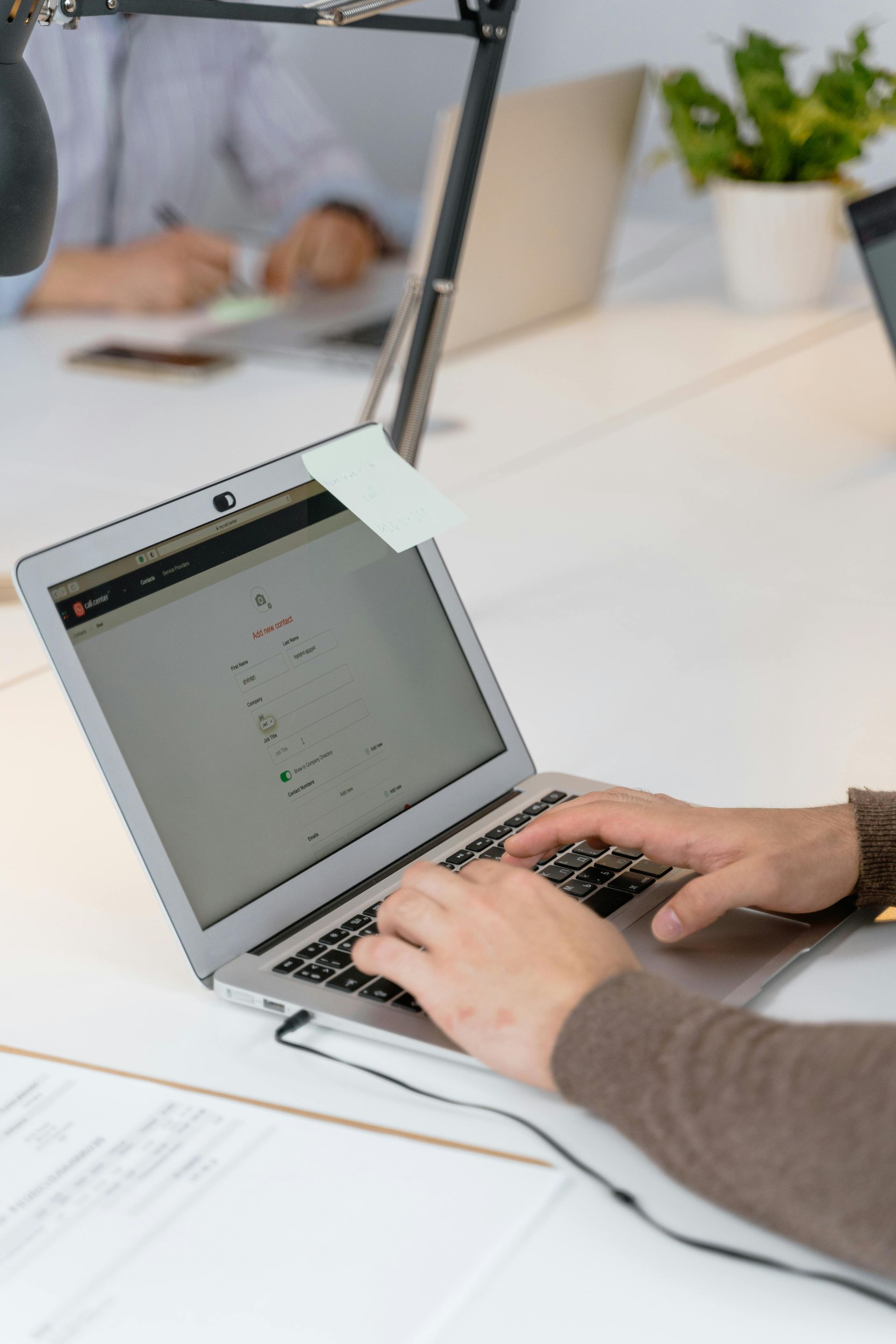 Person typing on a laptop at a white desk in a bright office with a plant in the background