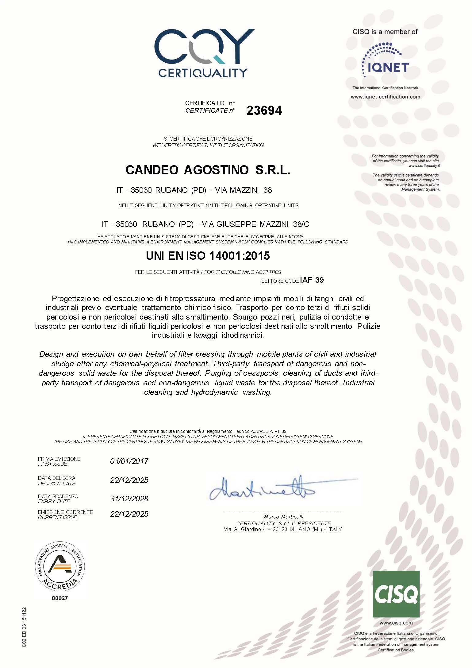 Certificato di conformità per CANDEO AGOSTINO SRL con sigilli e firme ufficiali.