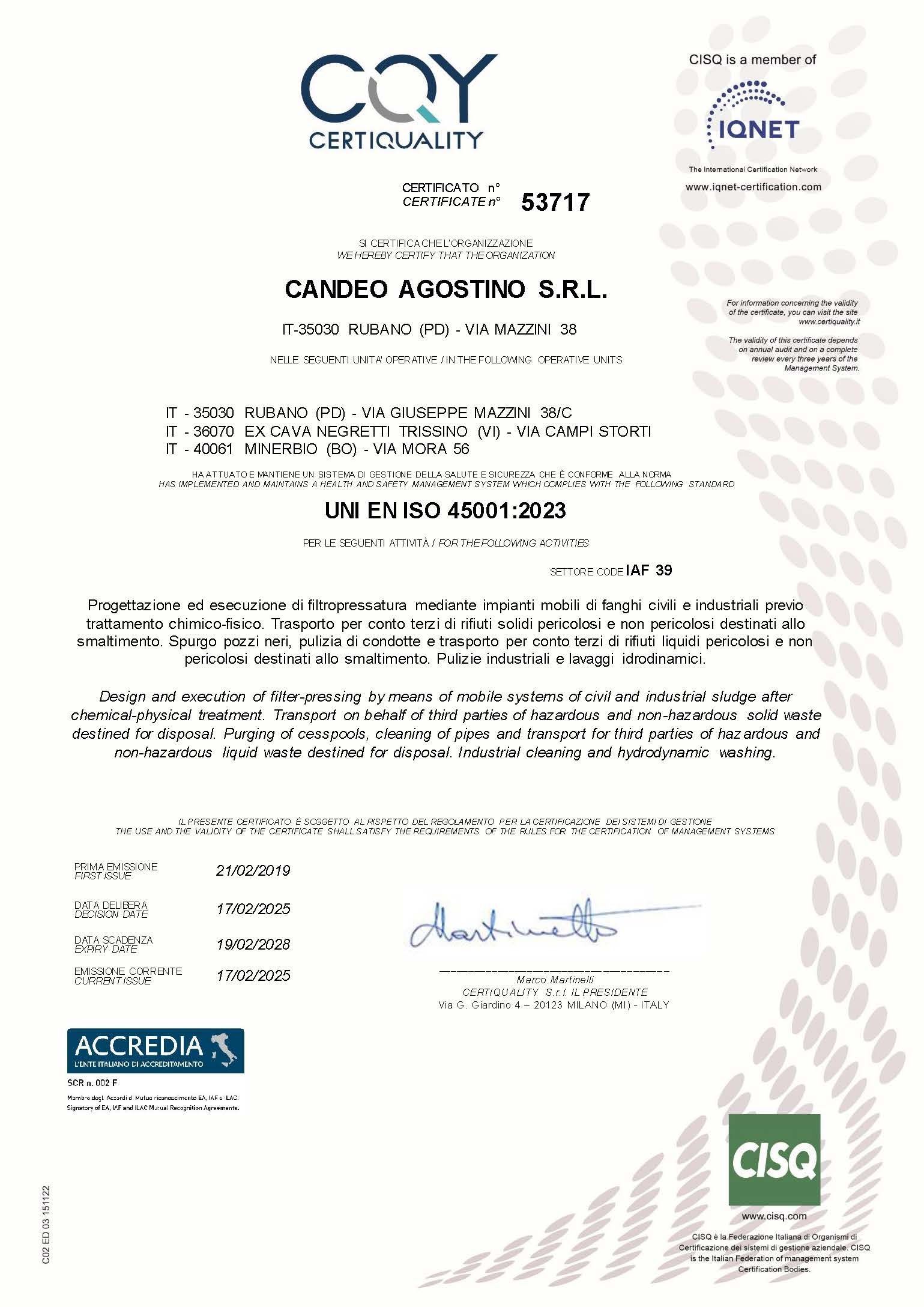 Certificato di conformità CQY per Sandro Agostino Srl con indicazione dei dati aziendali e delle certificazioni.